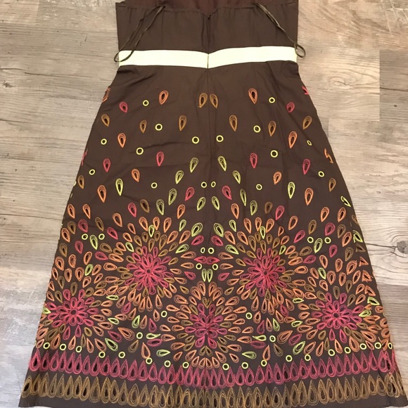 Strapless Brown A-line Dress w/ Embroidery - Picture 2 of 5